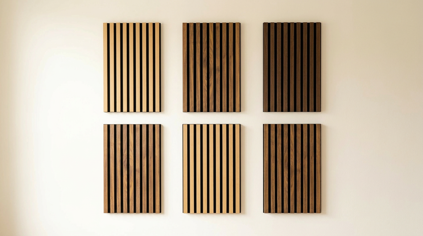 Wohnzimmer mit Wand aus Walnuss-Akustikpaneelen